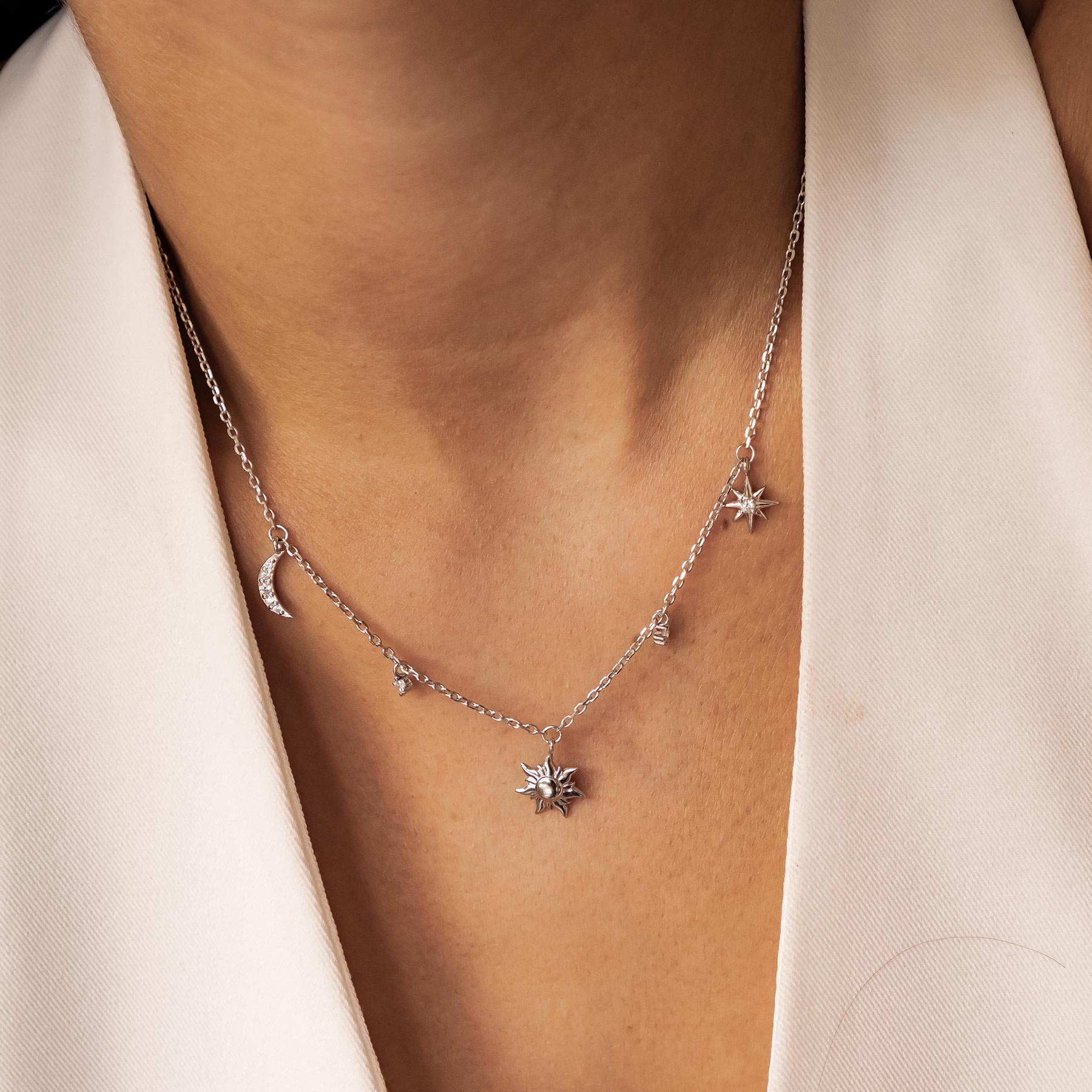 Collier Charms Soleil Lune et Étoiles Sterling Argent